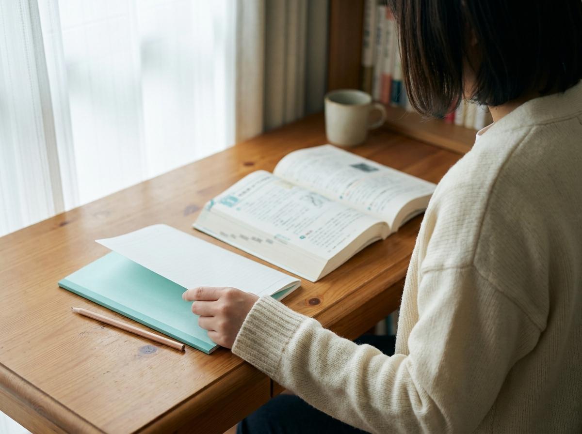 일본어 교재를 펼치고 시험 공부를 시작하는 학습자의 뒷모습