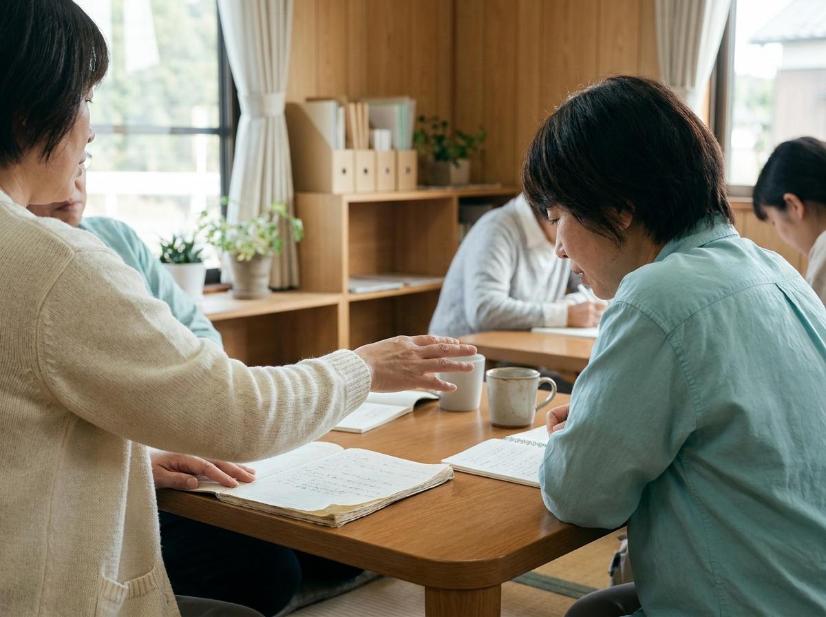 조용한 일본 스터디 공간에서 노트를 보며 공부 방향을 이야기하는 두 사람