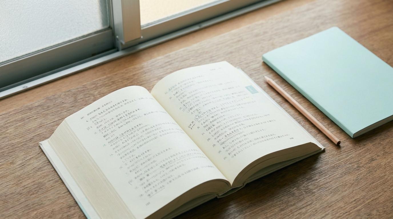 따뜻한 나무 책상 위에 펼친 일본어 교재와 연한 아쿠아색 복습 노트
