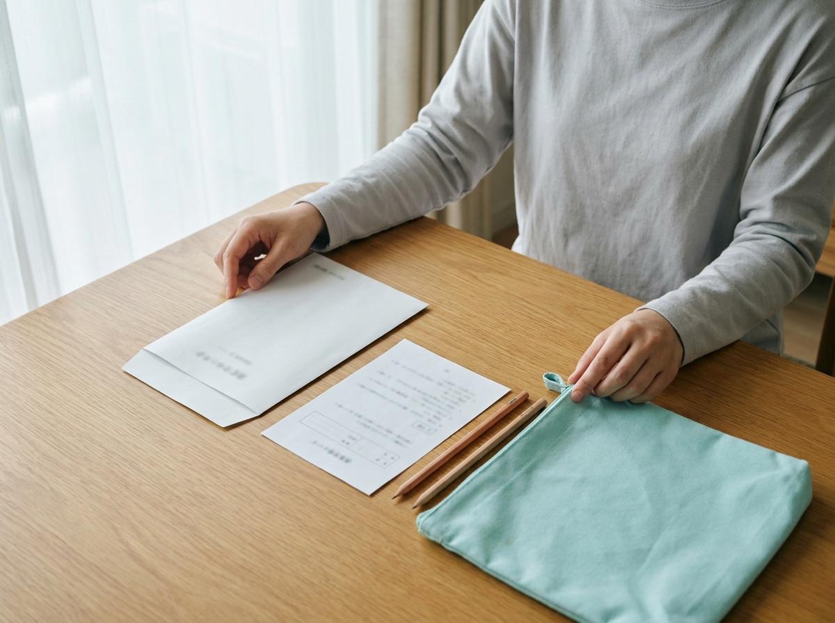 수험표를 떠올리며 서류와 시험 준비물을 정리하는 손