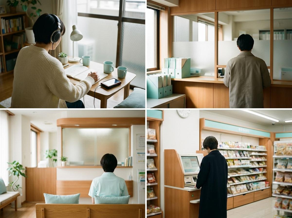 헤드폰으로 음성을 듣고 공책에 이해한 내용을 정리하는 학습자