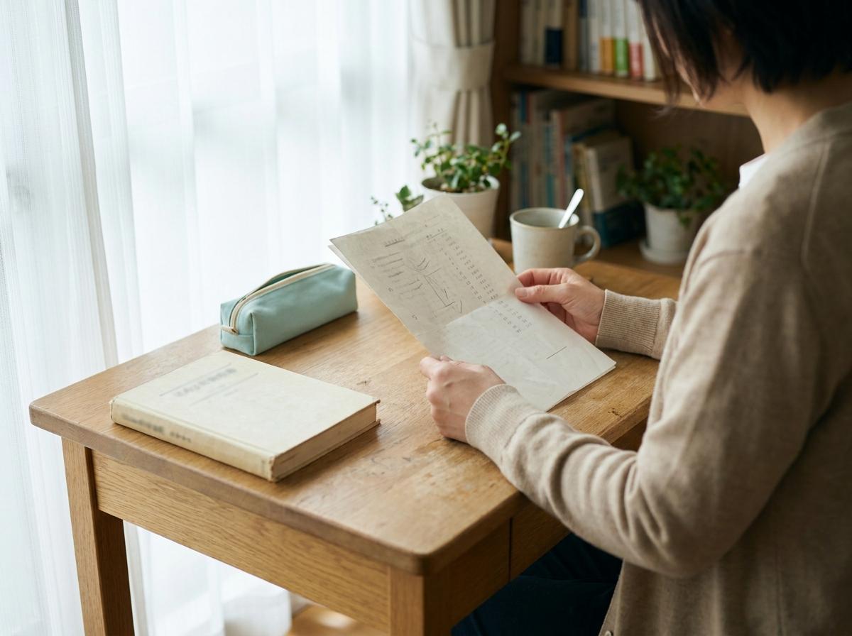일본의 작은 공부방에서 성적표를 살펴보는 학습자의 손