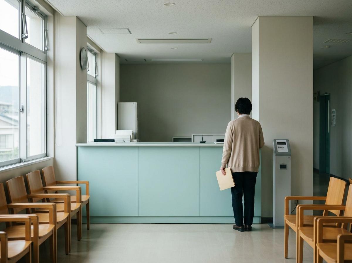 서류 폴더를 들고 일본 구청 접수 창구 앞에 선 방문자