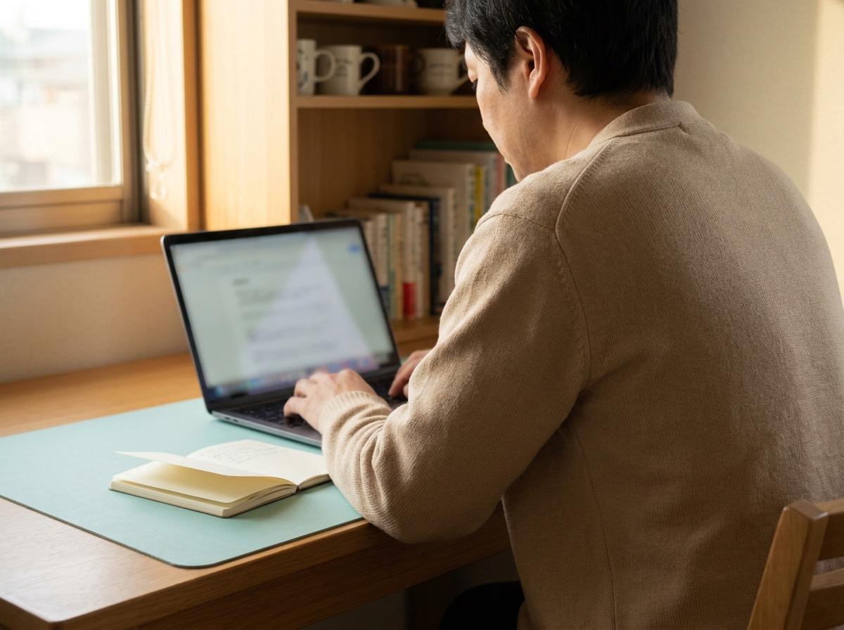 노트북의 목록과 공책을 대조하는 학습자의 뒷모습