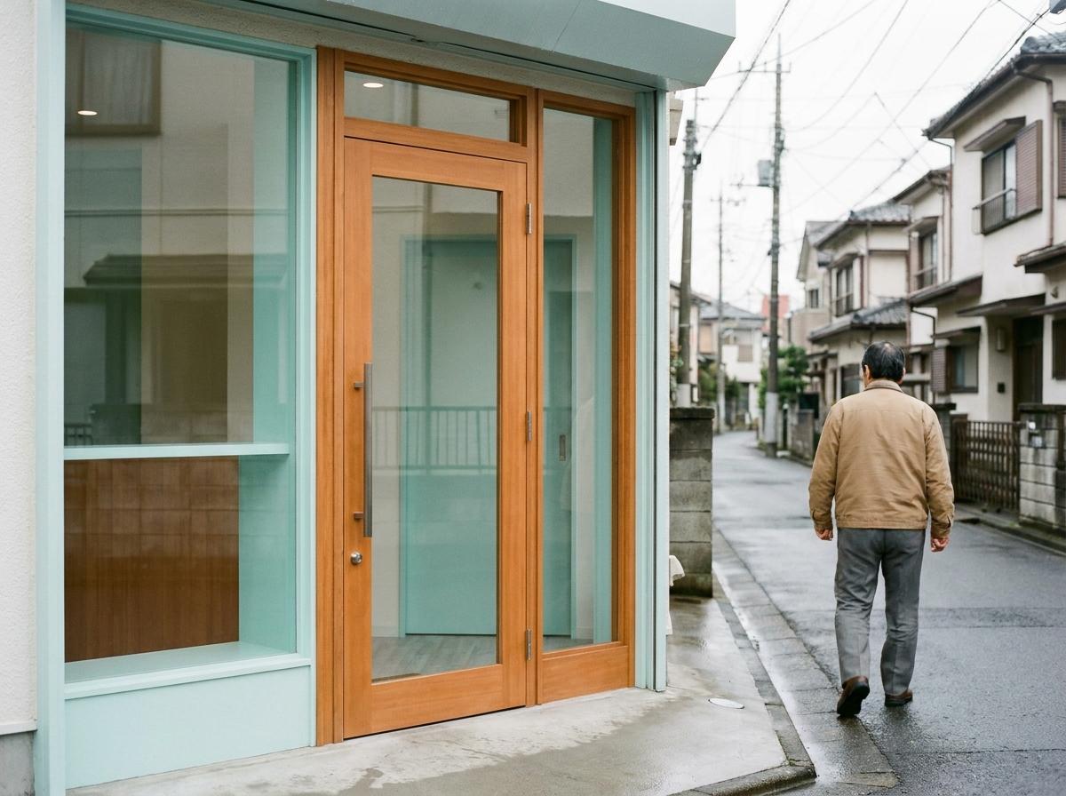 주택가의 작은 진료소 입구로 걸어가는 사람