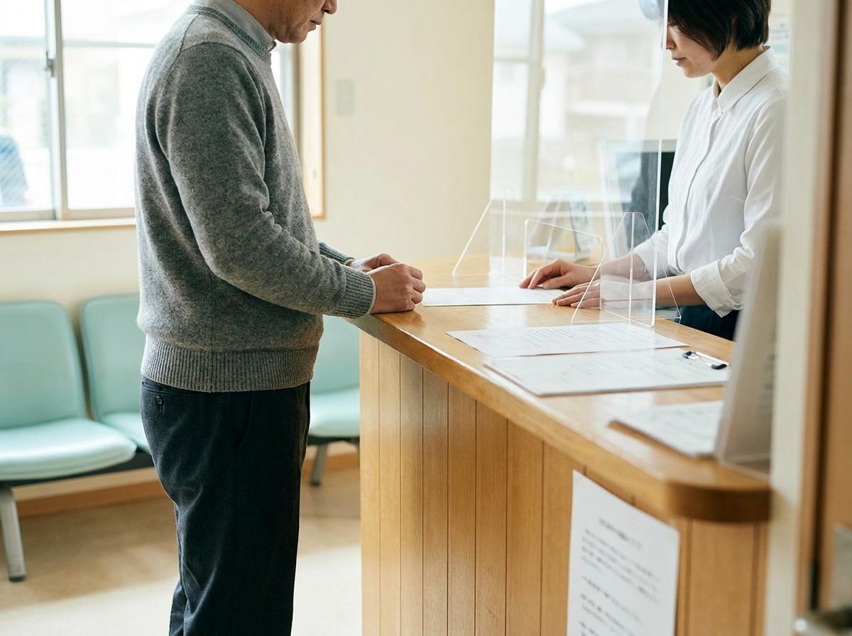 일본 진료소 접수대에서 직원에게 방문 목적을 말하는 사람