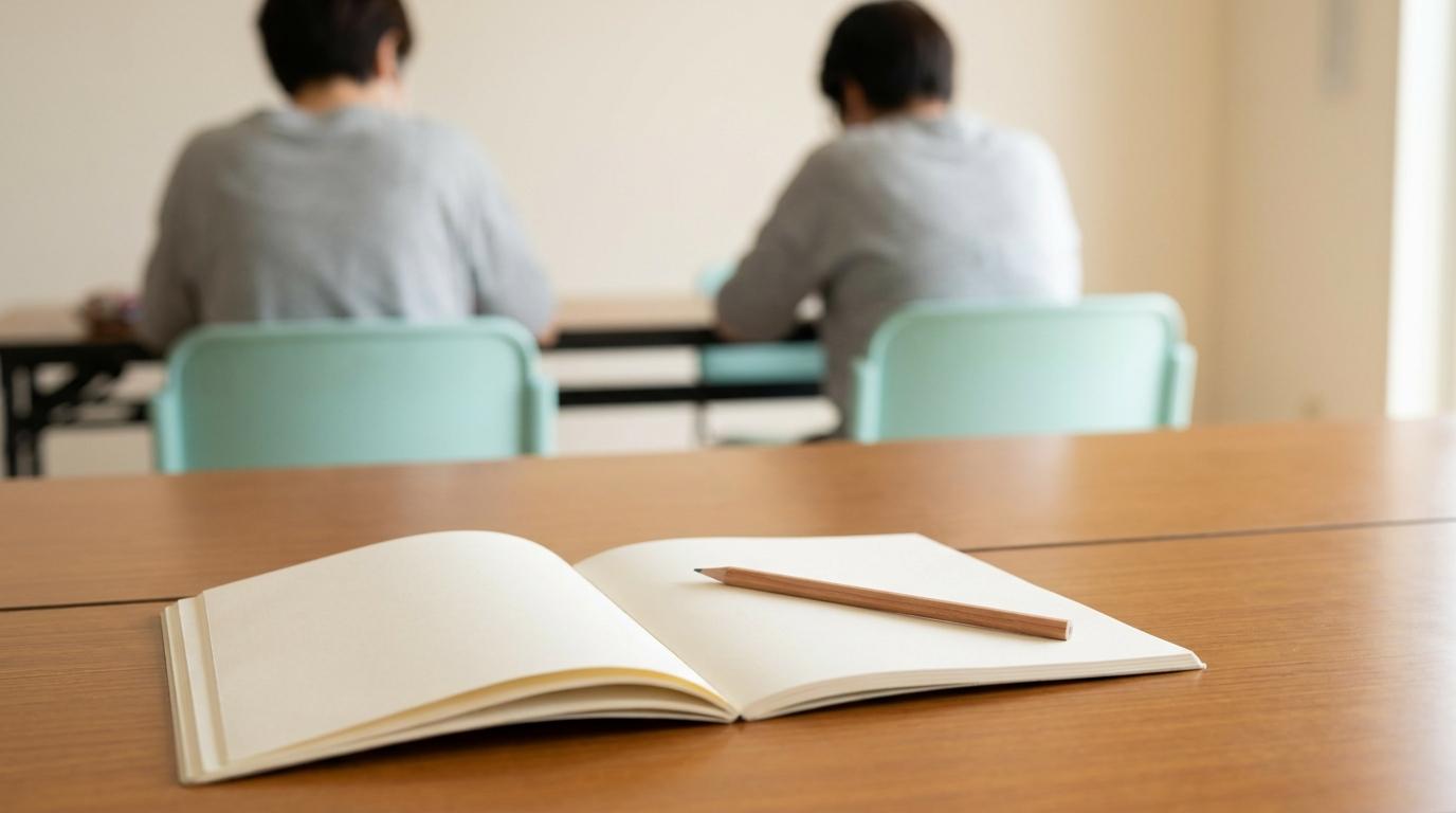 일본어 교실의 공책과 연필, 뒤편에 앉은 성인 학습자들