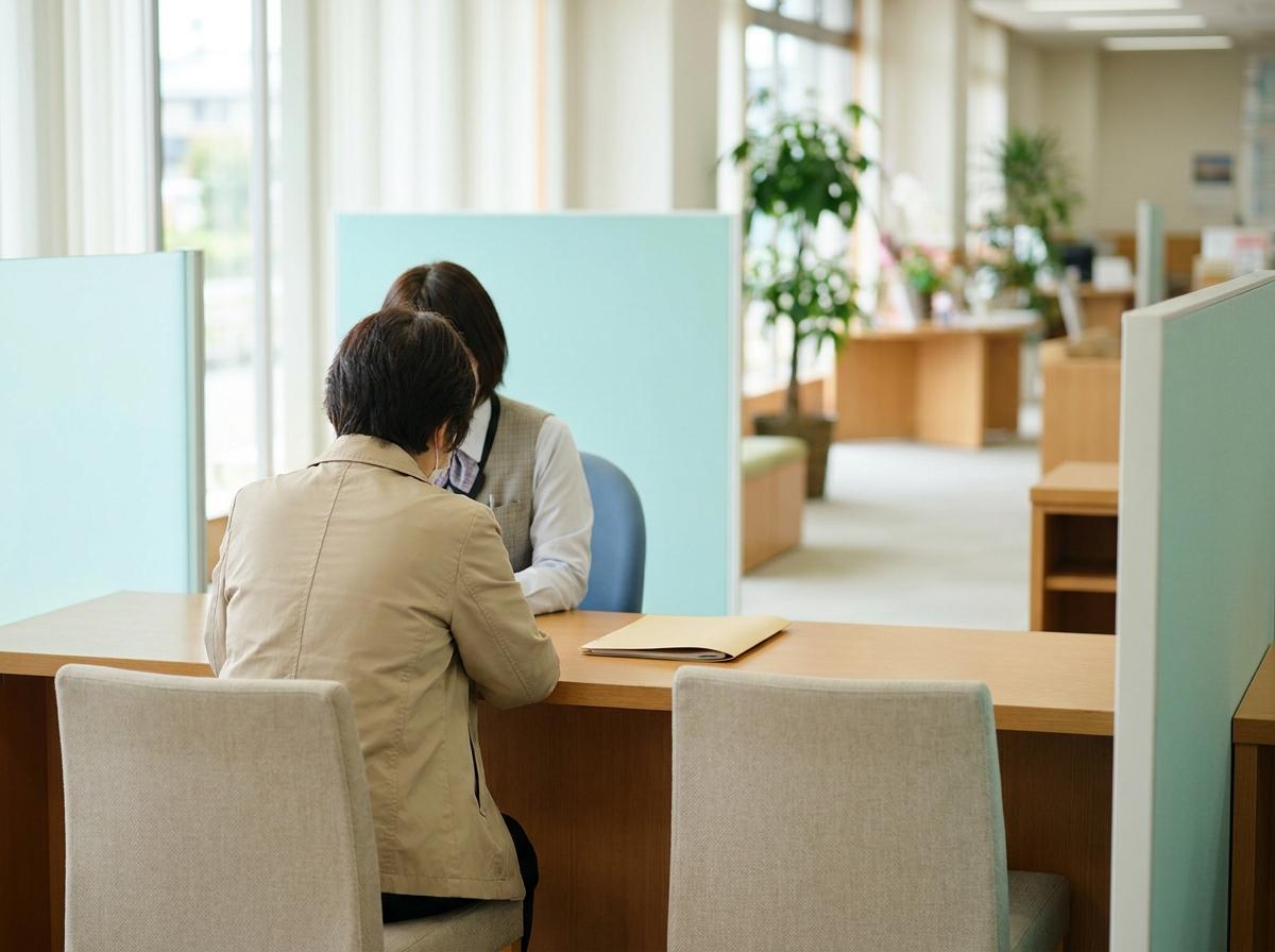 일본 지역 상담 창구에서 직원과 마주 앉은 방문객