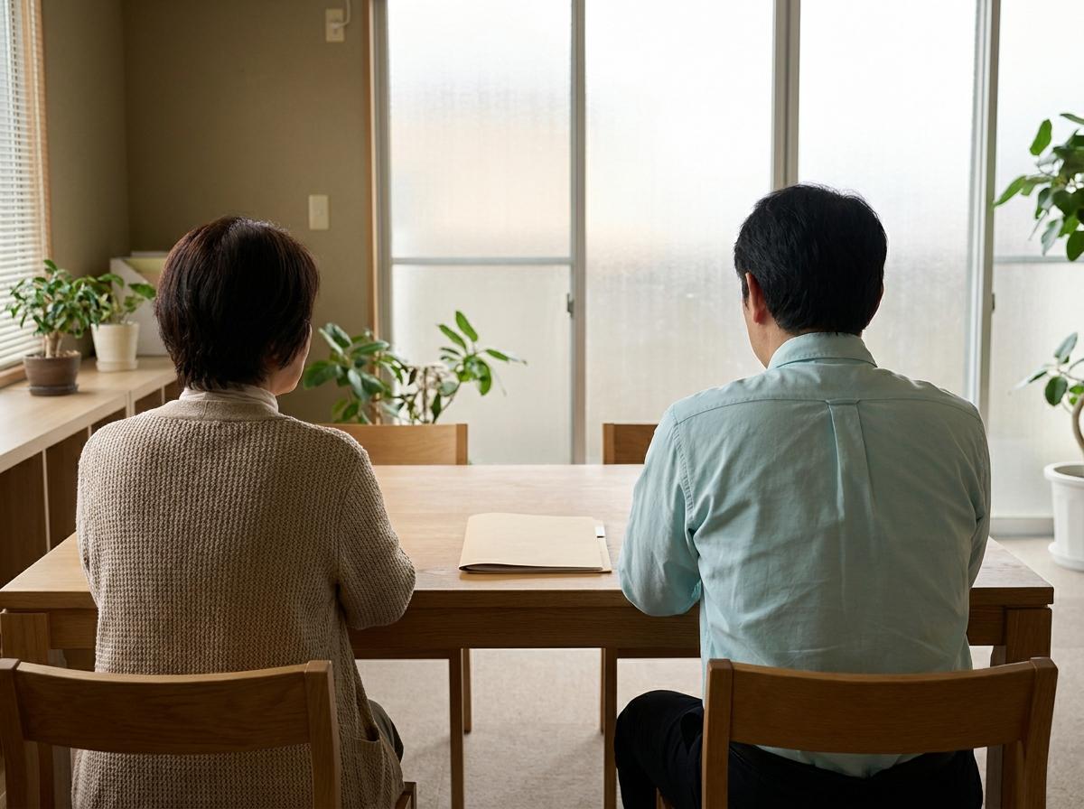 일본의 상담 공간에서 직원과 마주 앉아 생활 문제를 이야기하는 모습