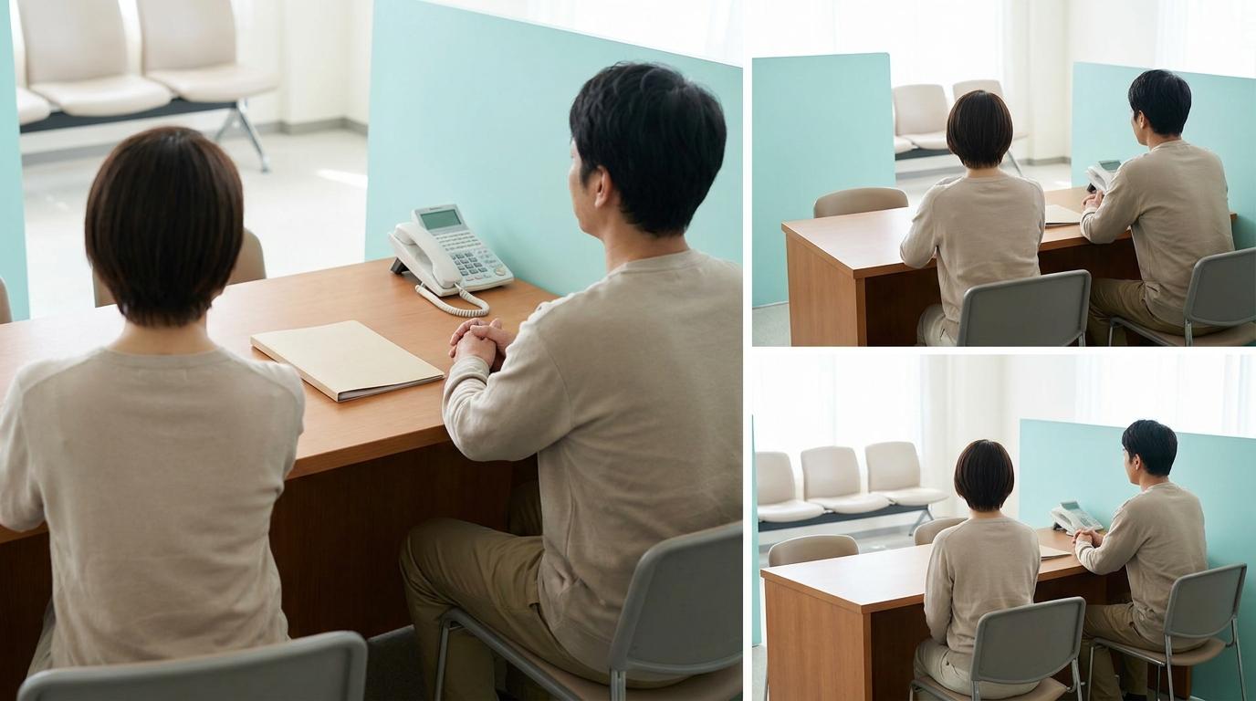 전화기와 서류가 놓인 일본의 상담 창구에서 도움을 요청하는 모습