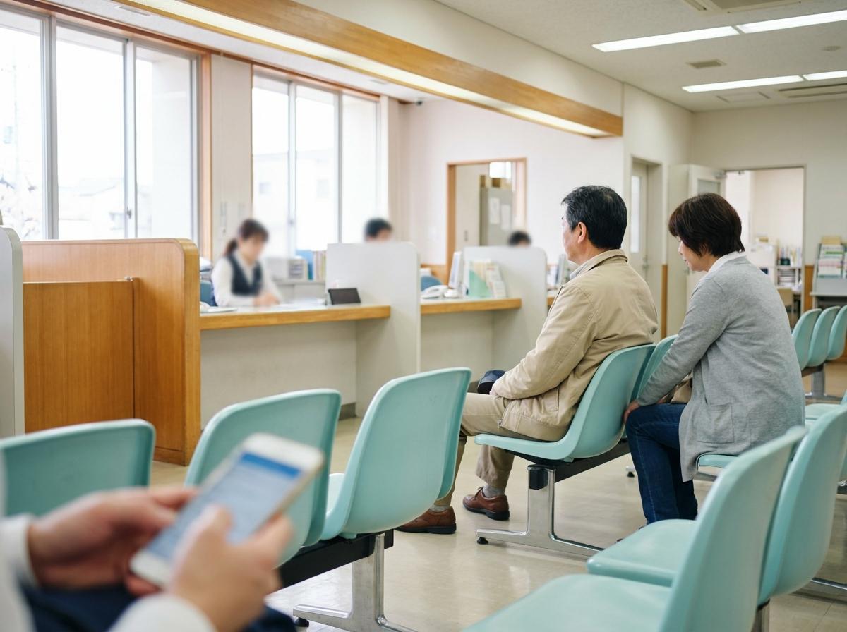 스마트폰을 들고 일본 구청 대기 공간에 앉아 있는 방문자