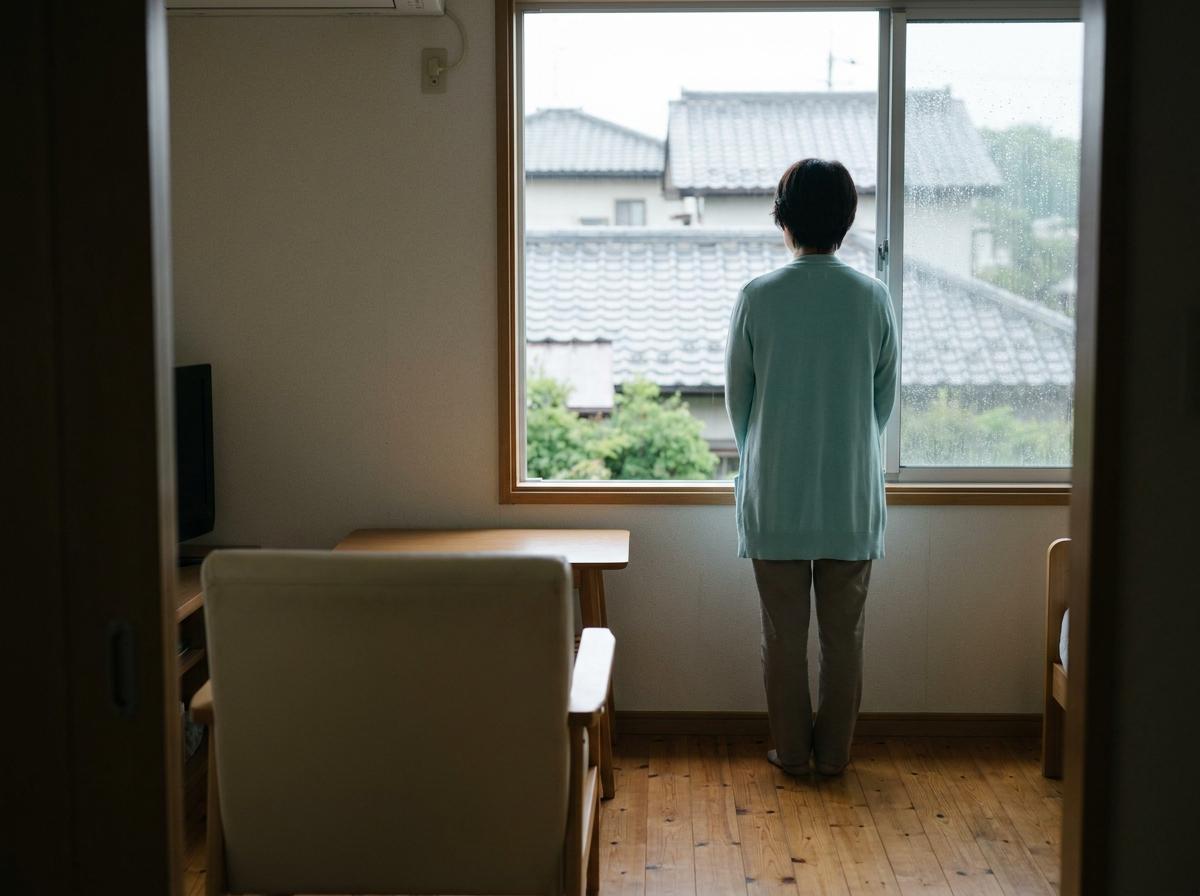 비 오는 날 일본 주택의 위층 실내에 머무는 사람을 표현한 장면