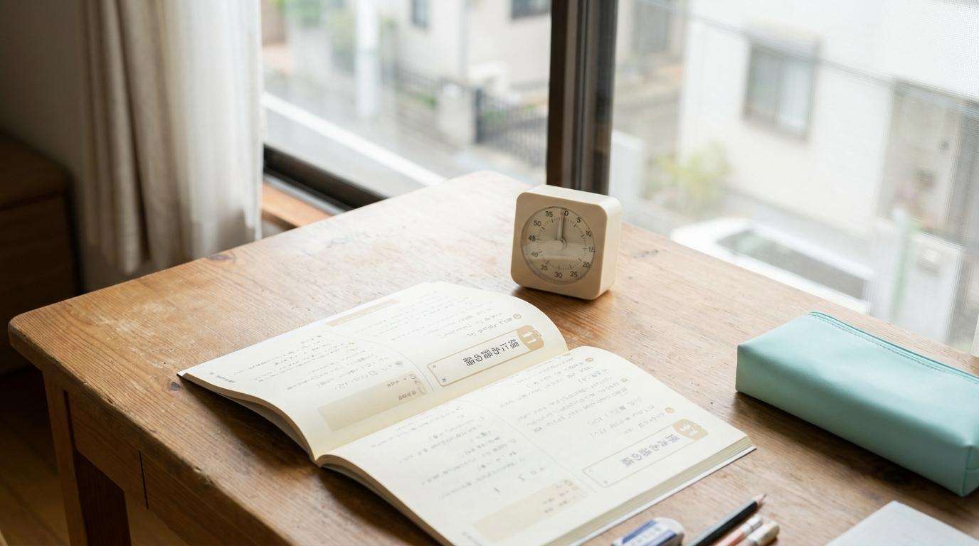 일본어 문제집과 타이머를 놓은 시간 배분 연습용 책상