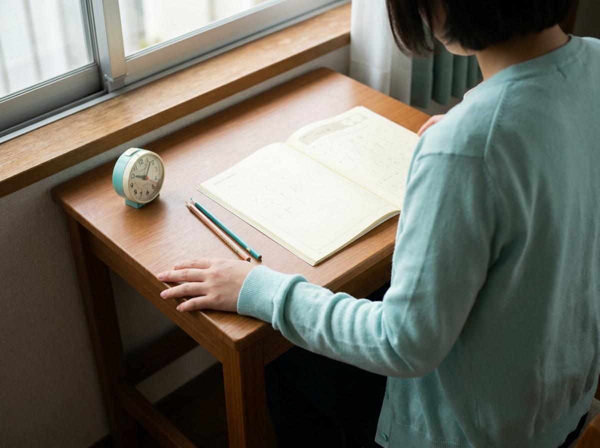 문제집과 타이머를 놓고 일본어 공부 순서를 정하는 책상
