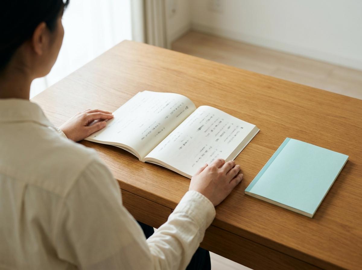 책상에서 두 권의 일본어 학습서를 나란히 살펴보는 학습자