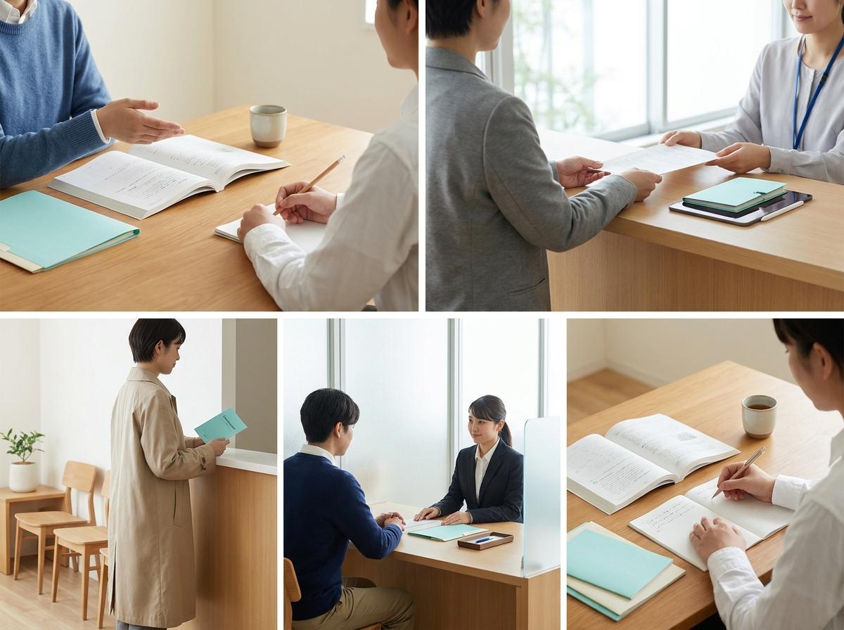 학습서를 펼쳐 놓고 응시할 급수를 상담하는 두 사람