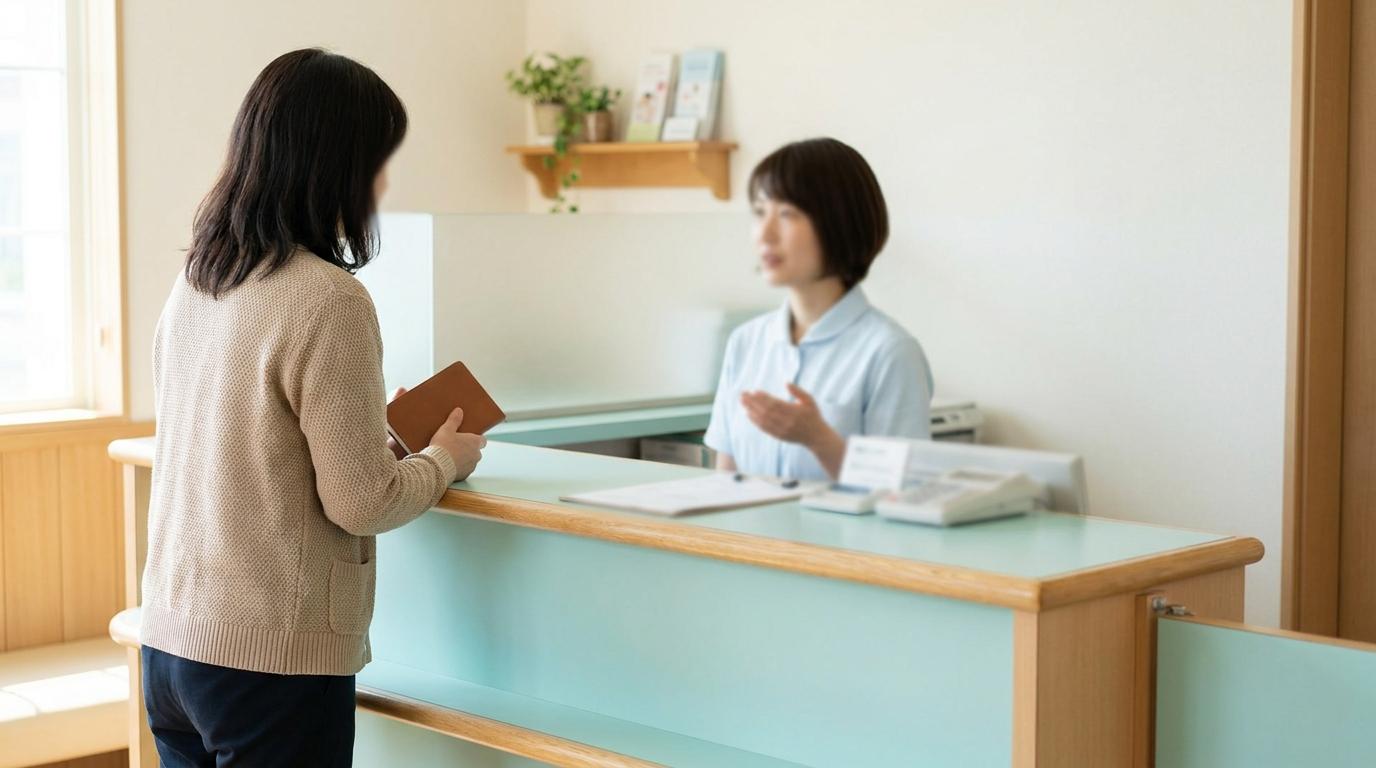일본 병원 접수대에서 외국어 응대와 진료 가능 여부를 문의하는 사람
