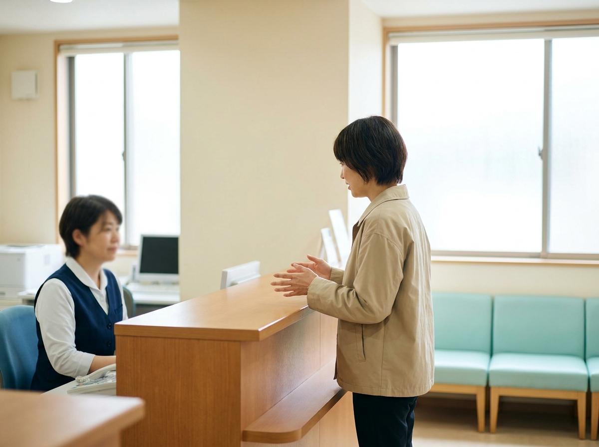 일본 진료소 접수대에서 직원에게 용건을 말하는 방문자