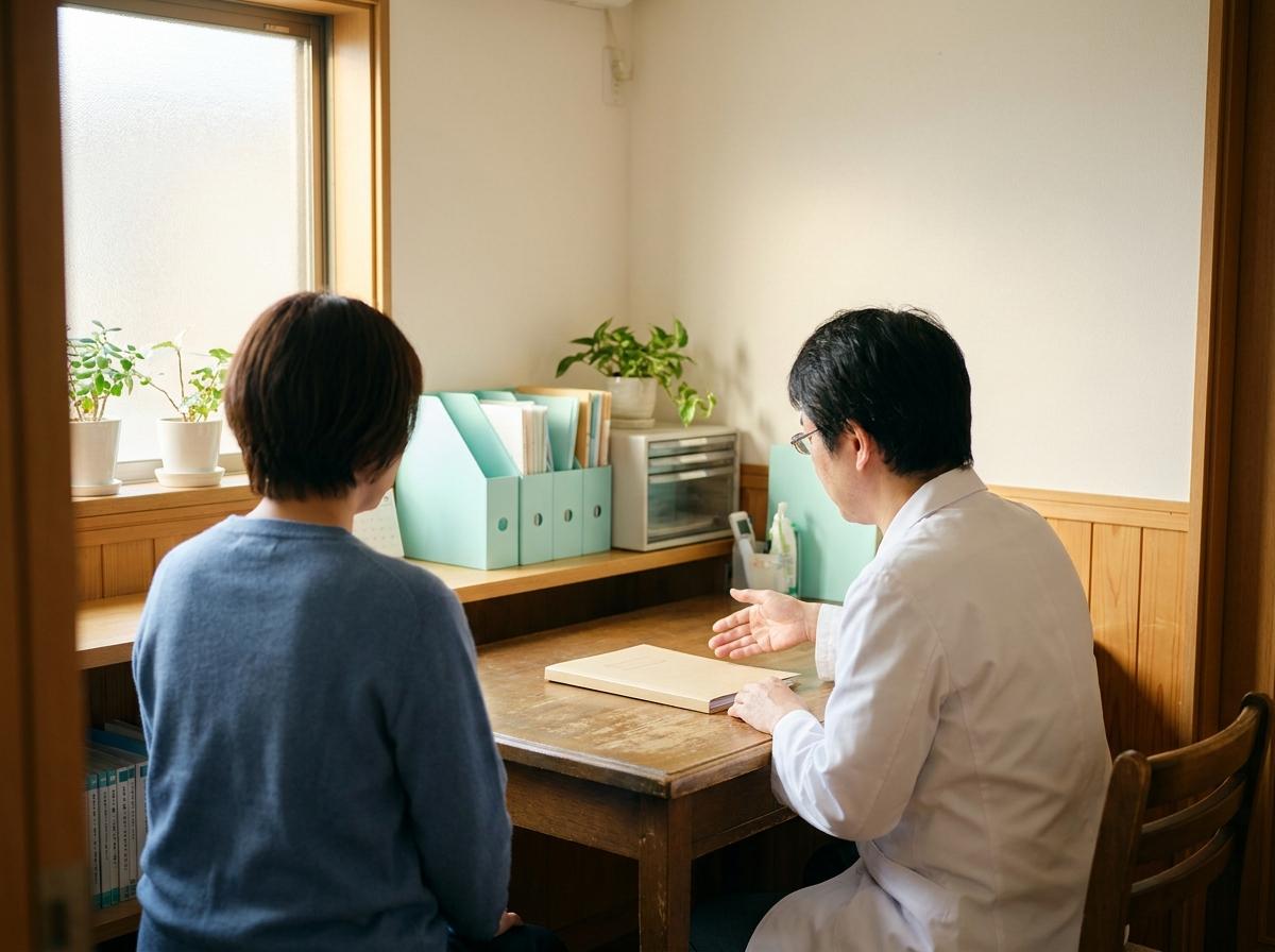 진료소 진찰실에서 의사의 설명을 듣는 환자