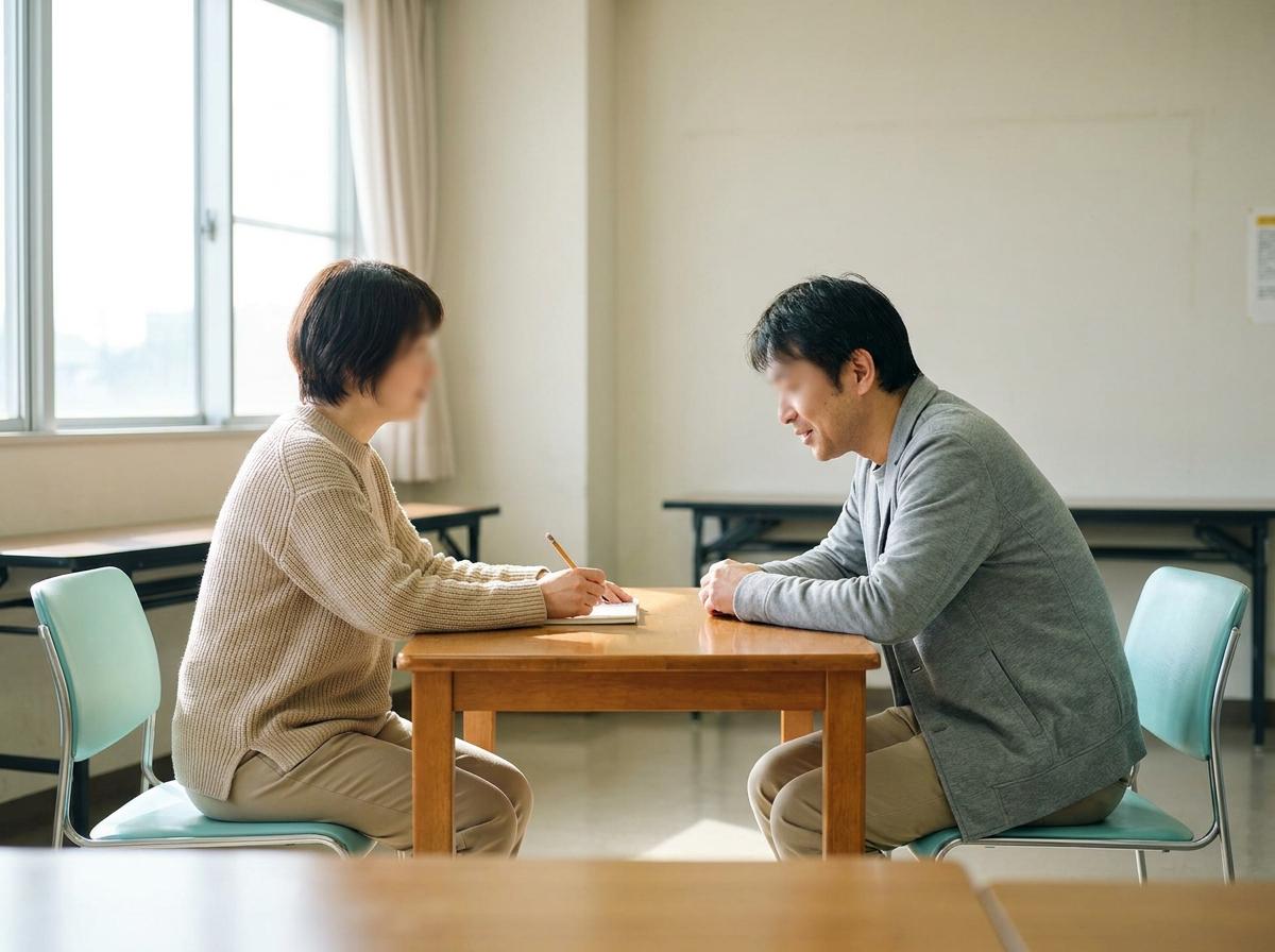 일본의 모임 공간에서 두 사람이 마주 앉아 공부하는 예시 장면