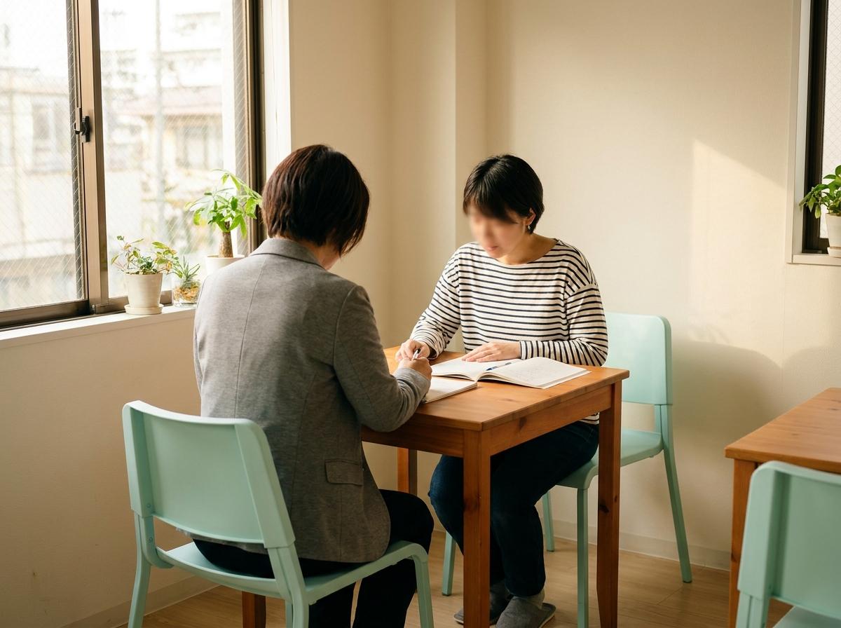 작은 탁자에서 교사와 학습자가 마주 앉아 일본어를 연습하는 예시 장면