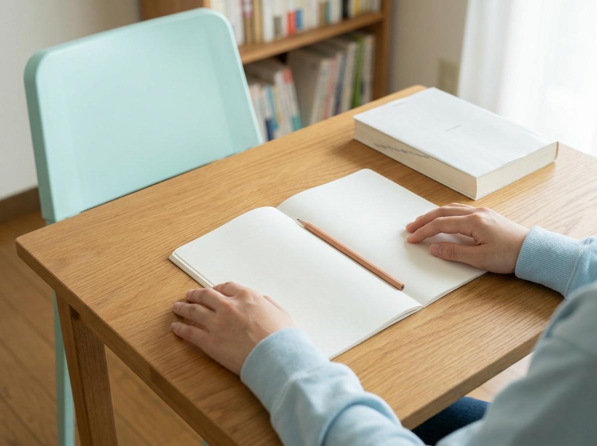 일본어 교실에 물어볼 내용을 노트에 정리하는 학습 장면