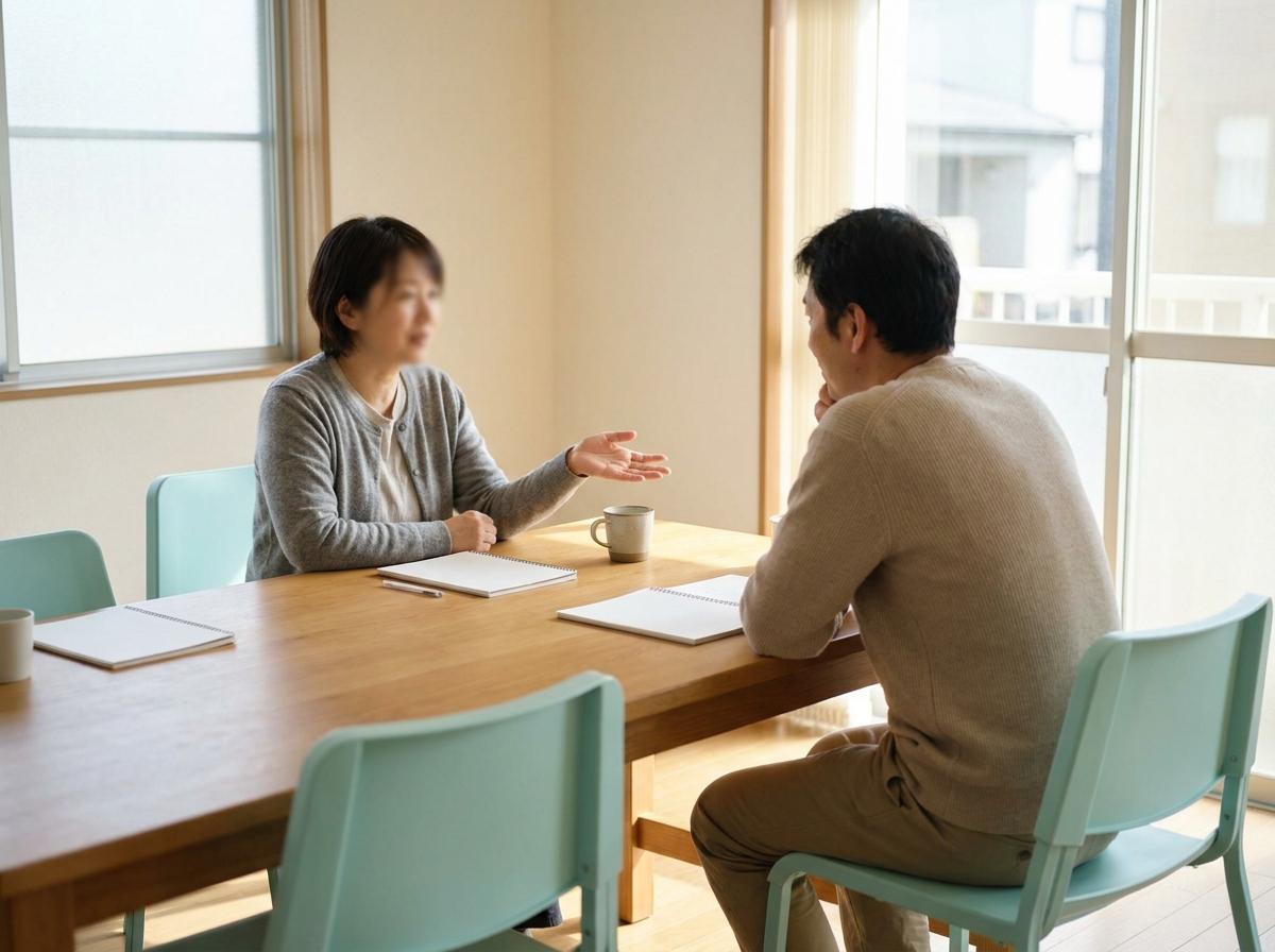 작은 탁자를 사이에 두고 대화를 권하고 듣는 두 학습자