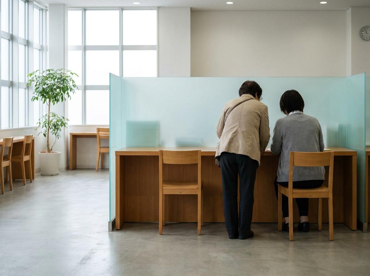 생활 상담 창구에서 직원에게 용건을 이야기하는 방문객