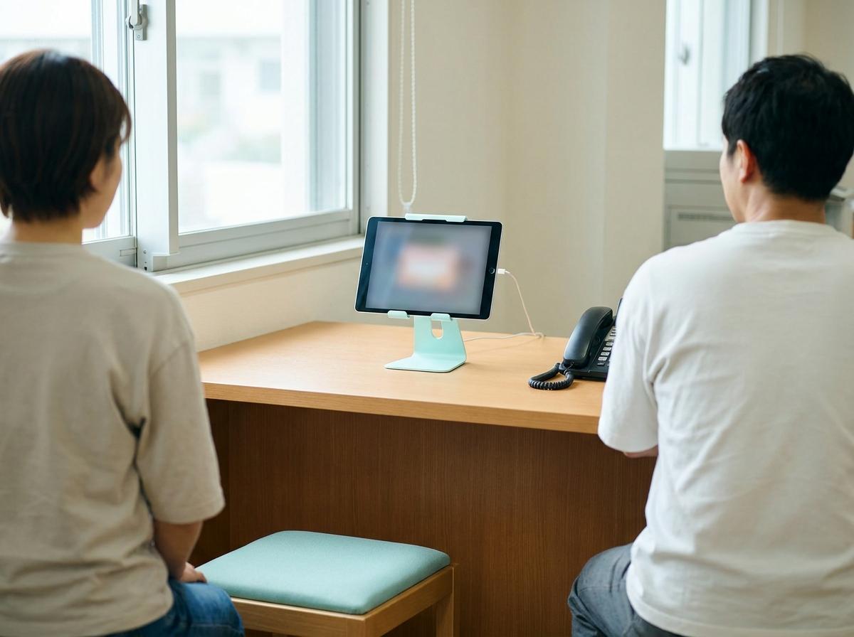 관공서 창구에서 전화와 태블릿으로 통역을 연결하는 예시 장면