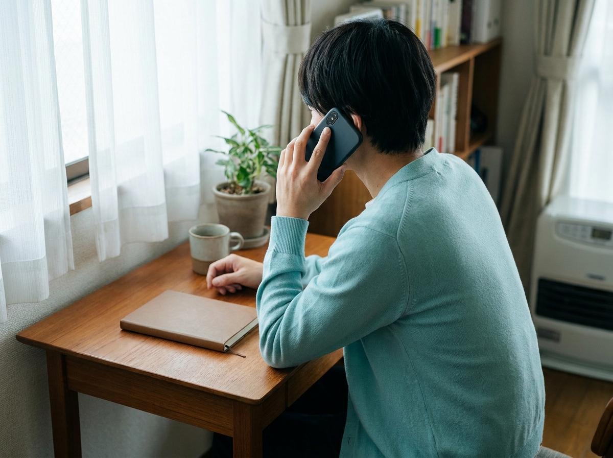 일본 집 안의 책상에서 병원 문의 전화를 연습하는 모습