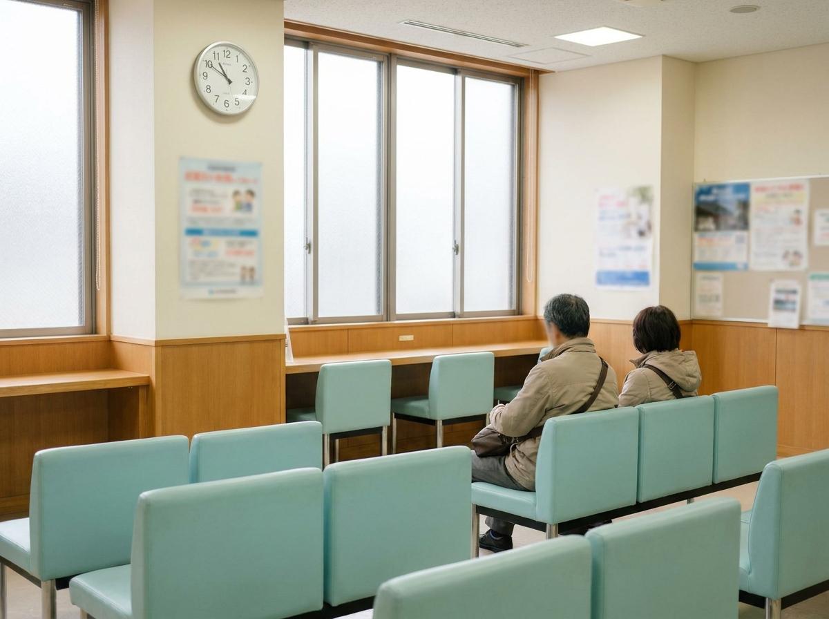 시계와 대기 의자가 있는 일본 구청 내부