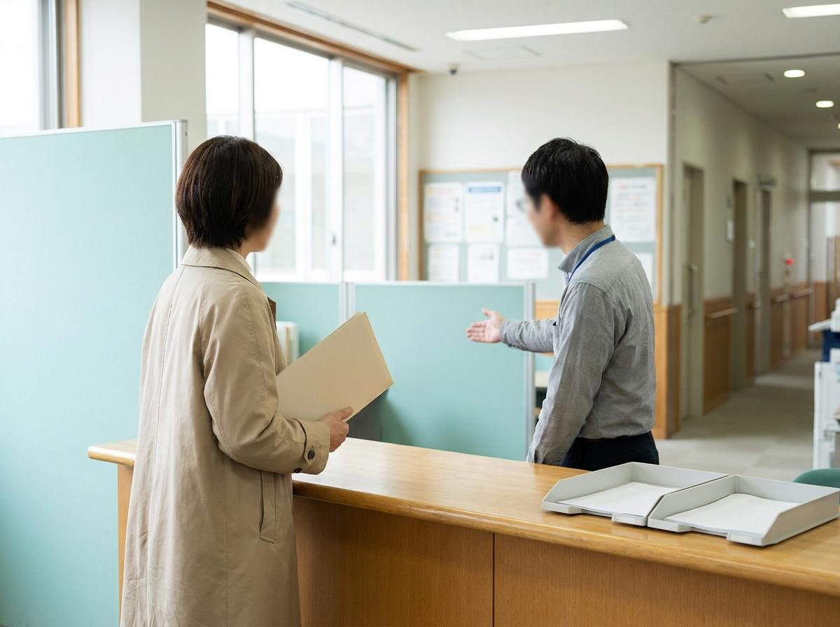 일본 구청 안내 창구에서 담당 부서 위치를 묻는 방문자