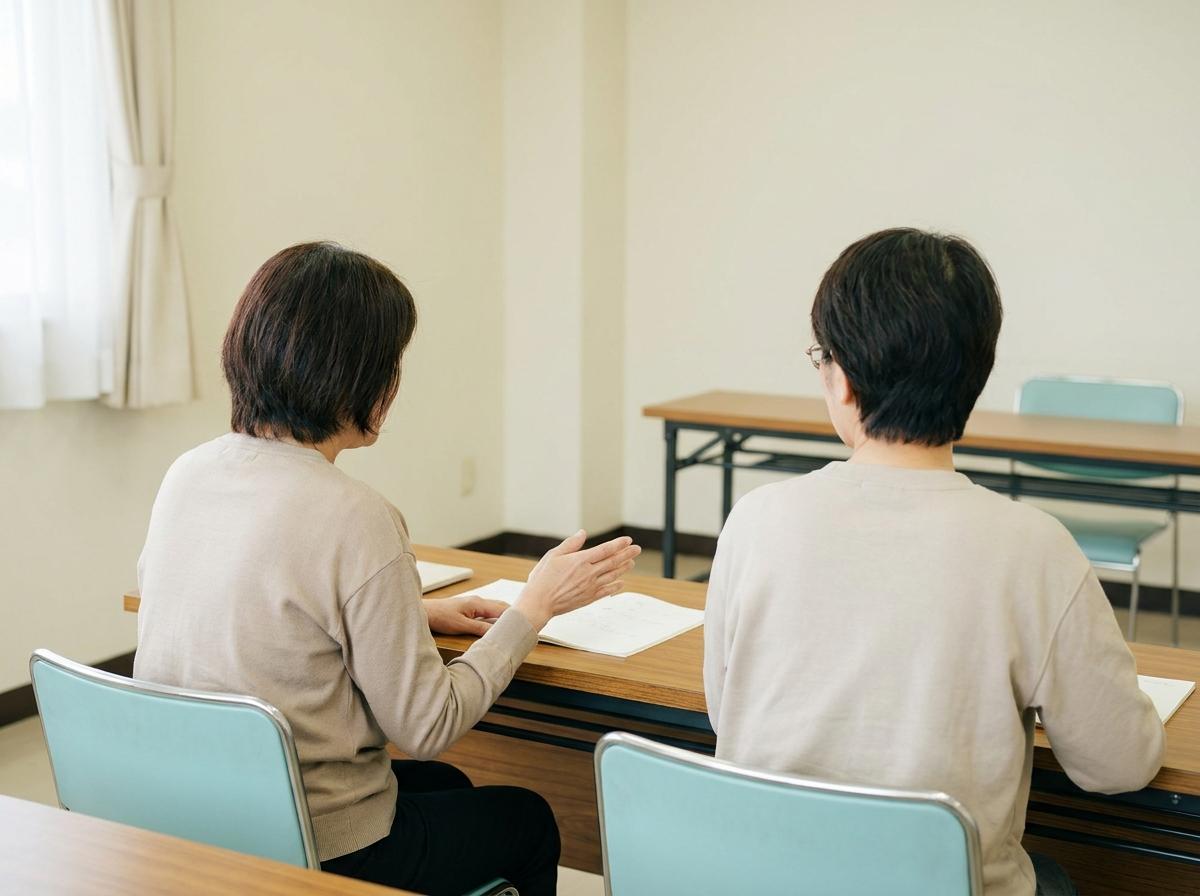 일본어 대피 표현을 함께 읽는 두 성인 학습자의 뒷모습
