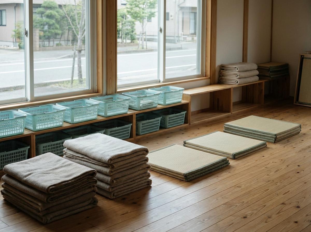 머무는 시설의 개념을 보여 주는 실내 매트와 담요의 학습용 장면