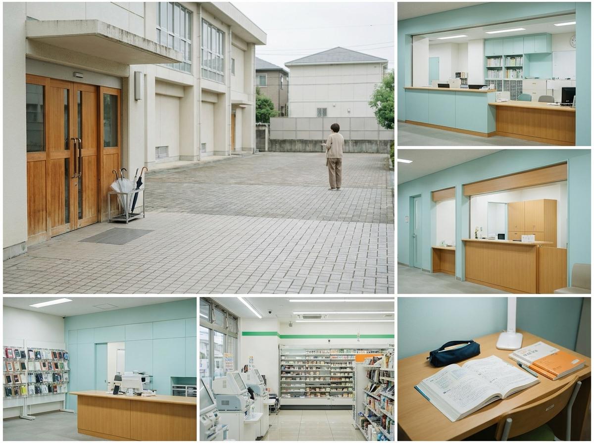 일본 주택가 학교 체육관 입구를 바라보는 사람