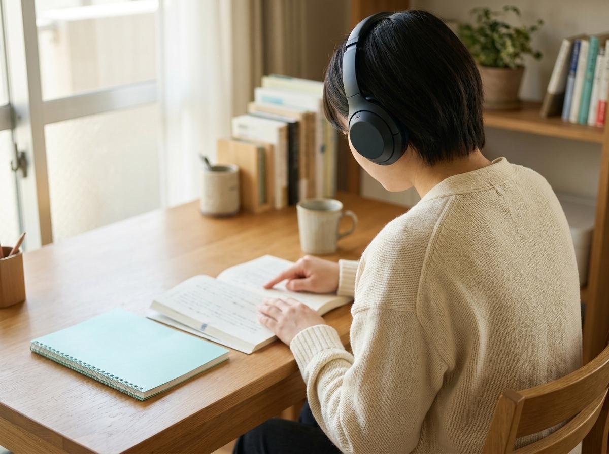 헤드폰으로 들으며 펼친 책의 내용을 짚어 보는 학습자