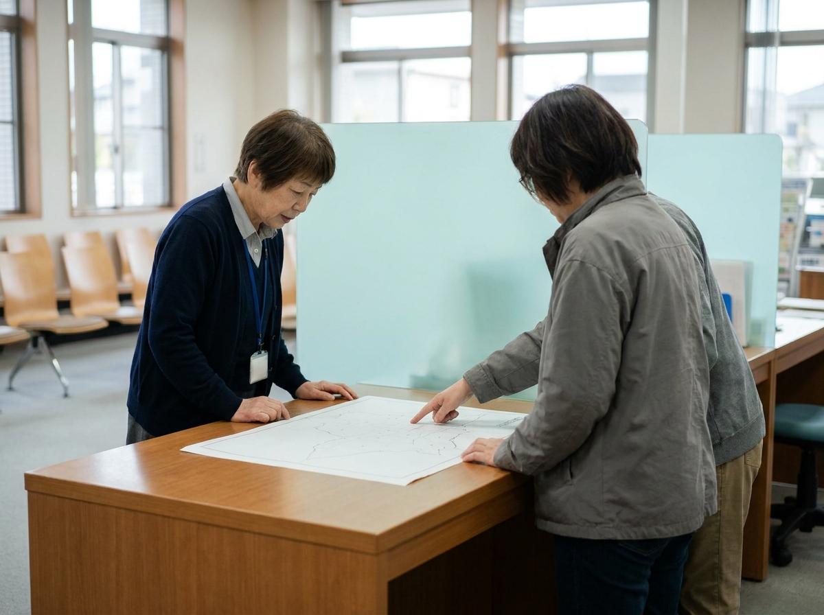 일본 공공기관 안내 창구에서 지도 위치를 묻는 대화 연출