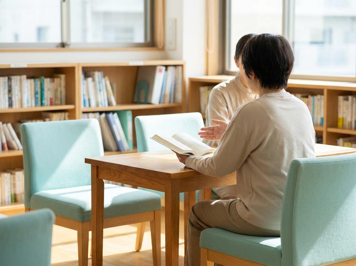 책을 보며 자신의 학습 어려움을 설명하는 두 성인 학습자