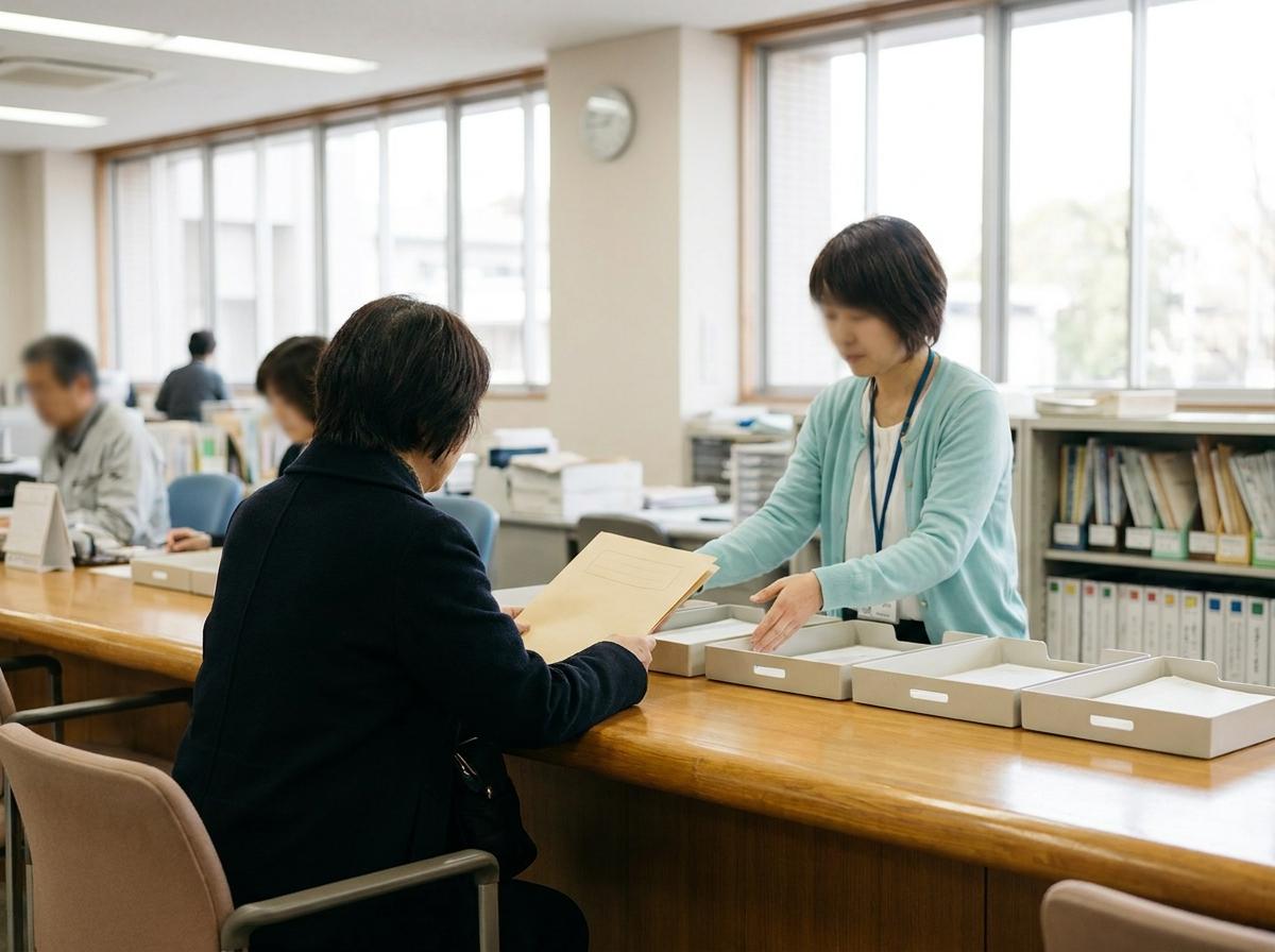 일본 구청 창구에서 서류를 펼쳐 놓고 안내를 받는 주민