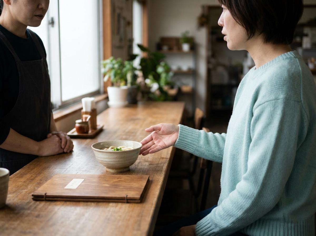 일본의 작은 식당에서 메뉴를 가리키며 주문하는 장면