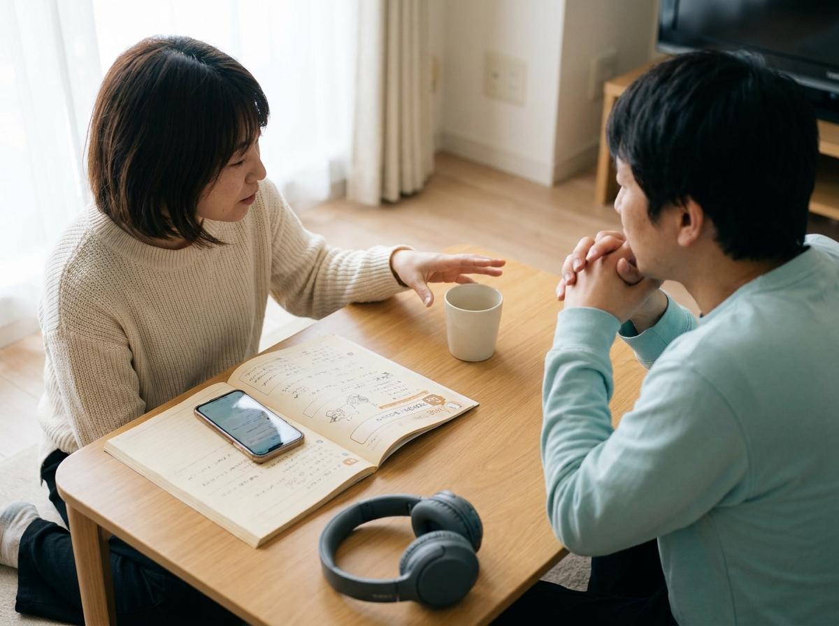 음성 자료를 듣고 마주 앉아 주문 역할극을 연습하는 두 사람
