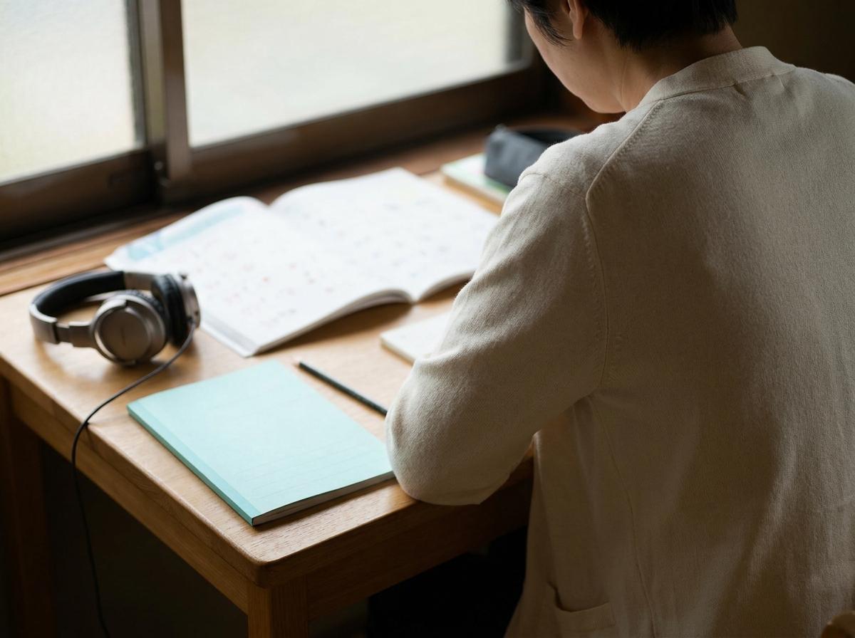 헤드폰과 대본을 곁에 두고 듣기 문제를 복습하는 학습자