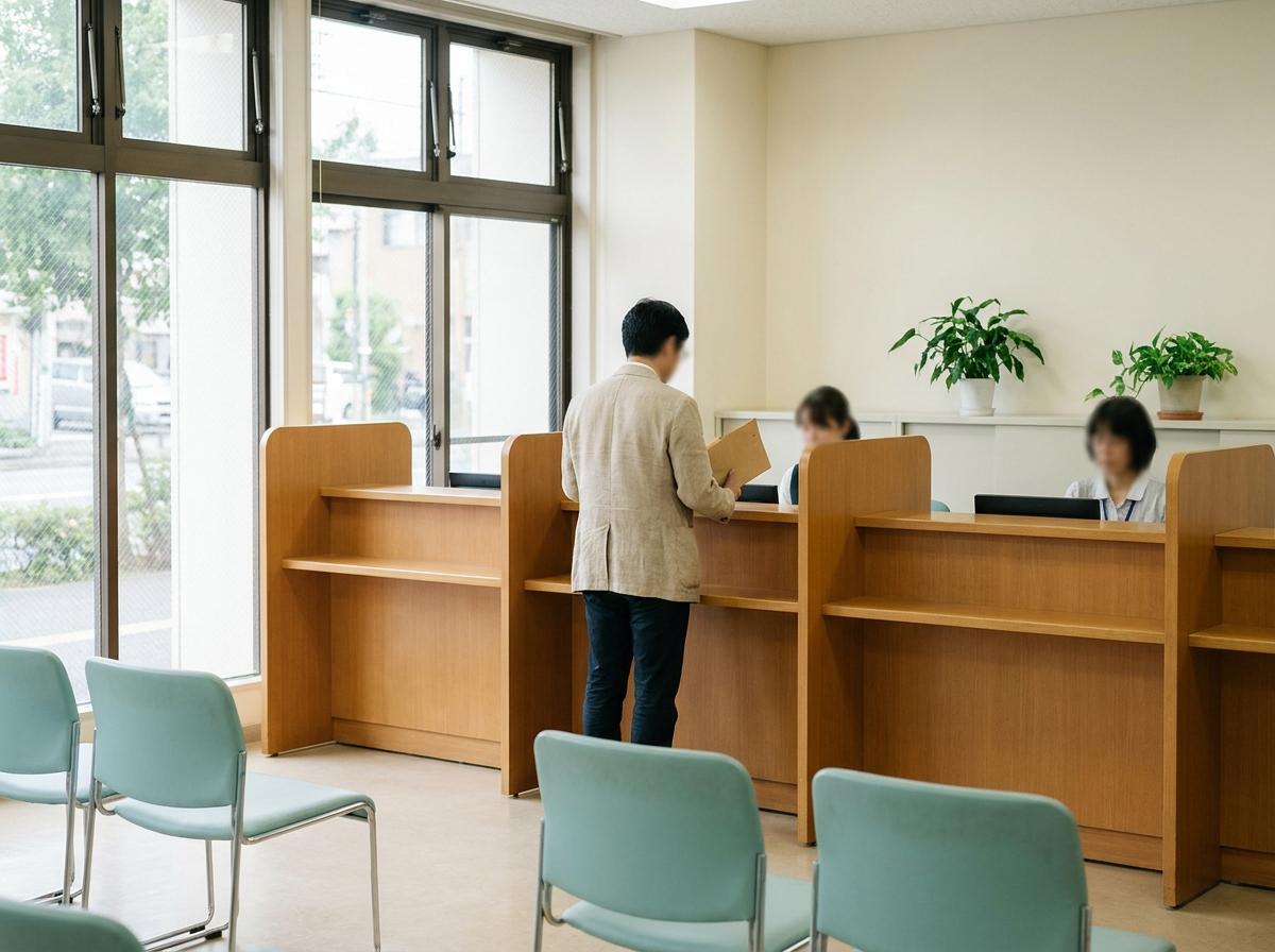 서류철을 들고 일본 구청 접수 창구 앞에 선 방문자