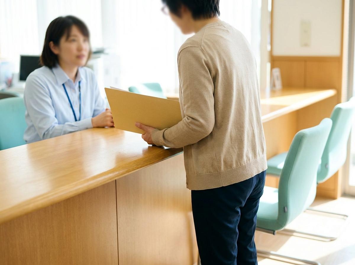 일본 행정 창구에서 서류 폴더를 들고 방문 목적을 말하는 사람